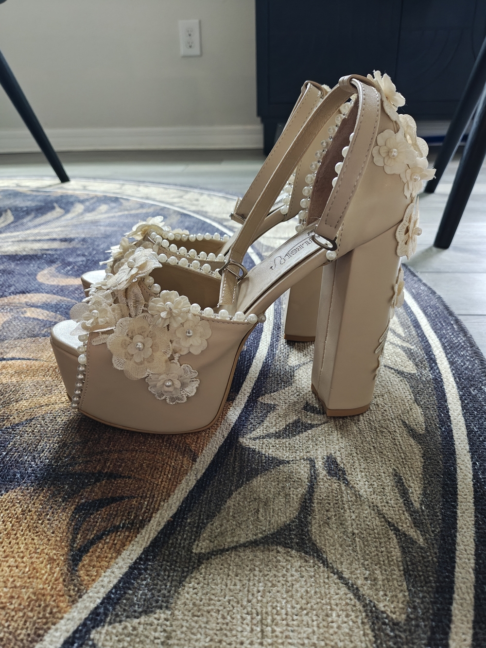 Beige Floral Pearl Platform Heels for Women